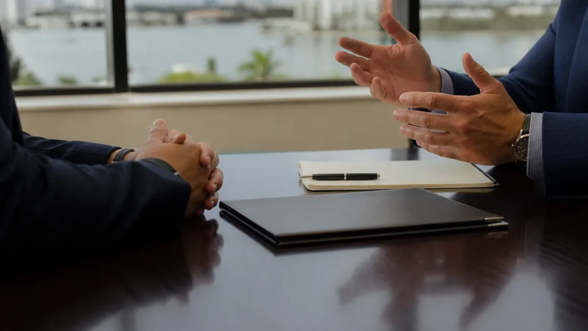 Attorney and client reviewing bail and bond hearing paperwork in a private office