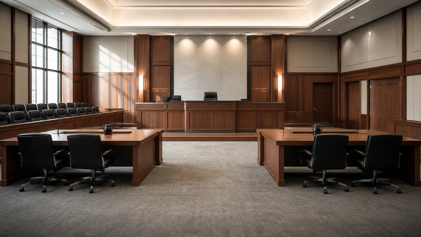 Empty Florida courtroom showing defense and prosecution tables