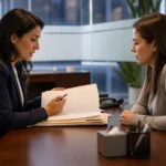 Client preparing with an attorney for a Broward County injunction hearing