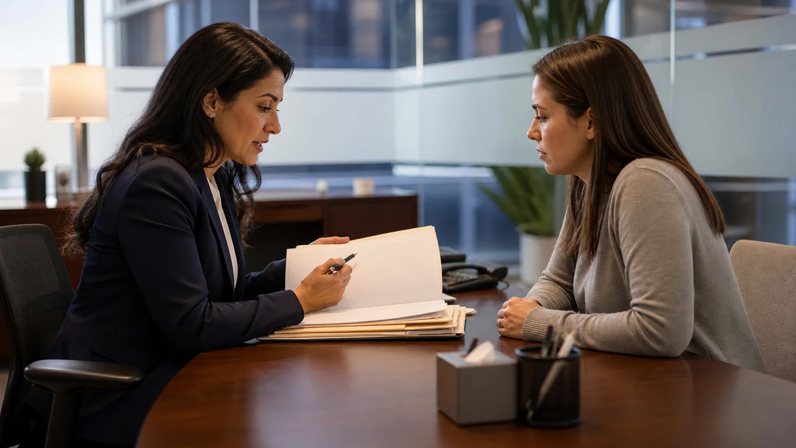 Client preparing with an attorney for a Broward County injunction hearing