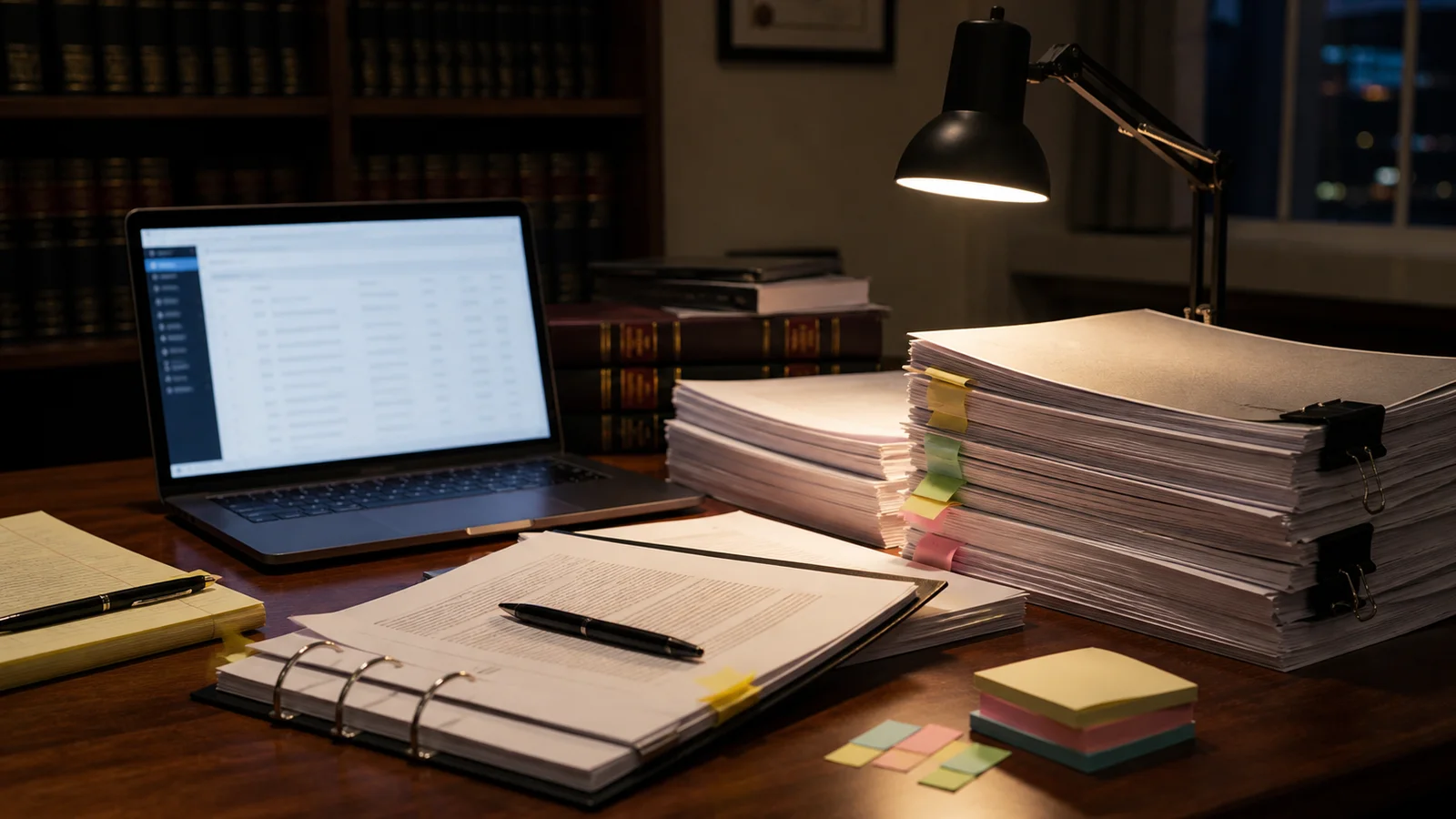 Appellate briefs and blurred docket reviewed in a law office