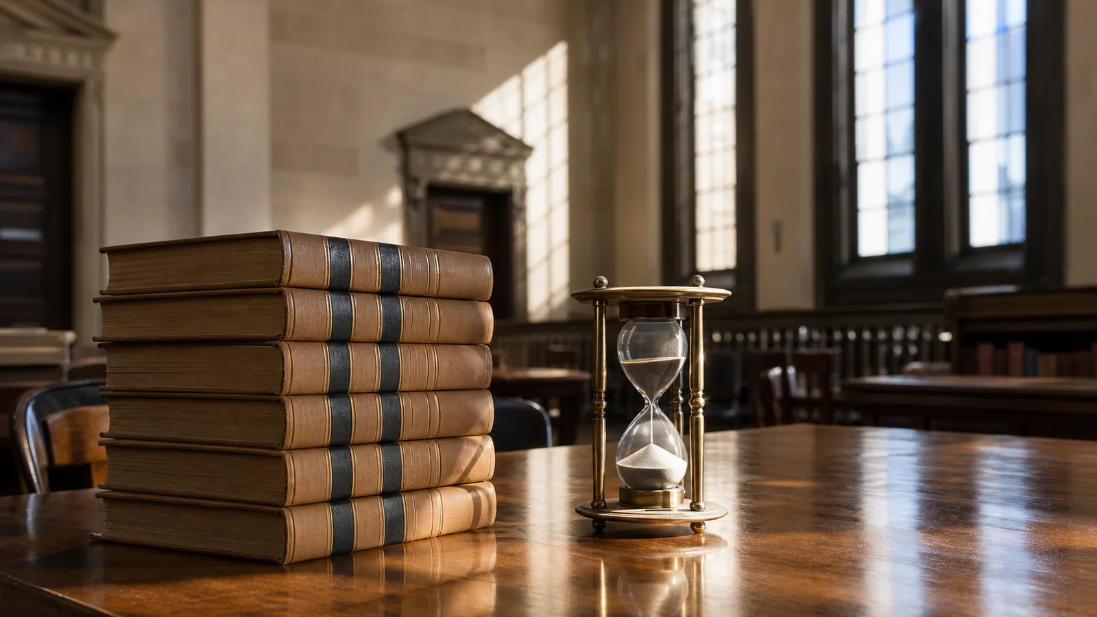 Appellate record volumes and hourglass in a courthouse reading room