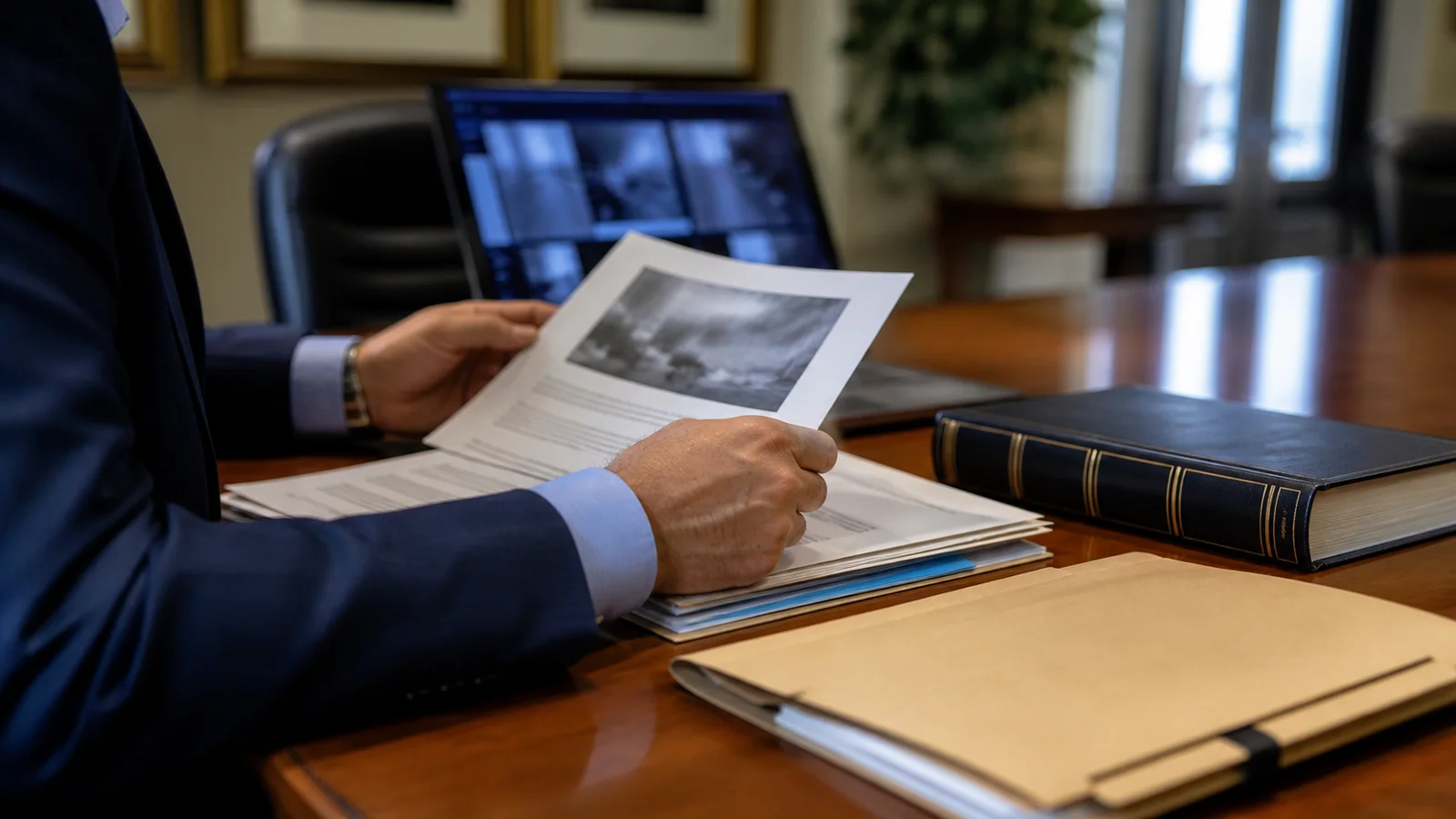 Criminal defense attorney reviewing evidence and constitutional issues