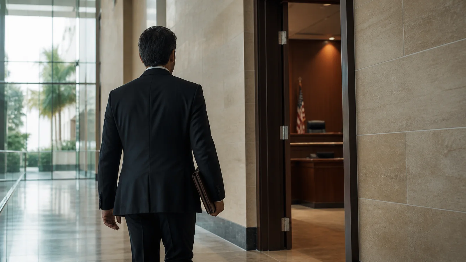 Criminal defense lawyer walking through a South Florida courthouse