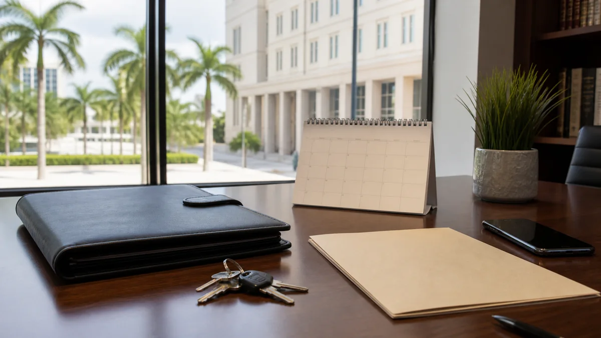 Organized calendar and legal portfolio for a Broward County domestic violence court hearing