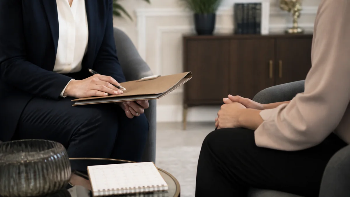 Attorney and prospective client discussing a domestic violence defense in a private Fort Lauderdale office