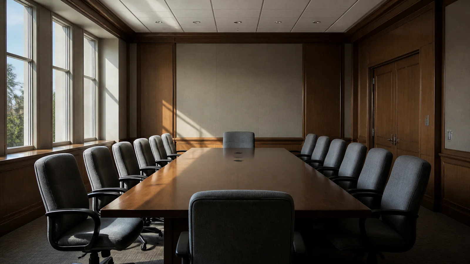 Twelve-chair jury room illustrating an eight-to-four death recommendation