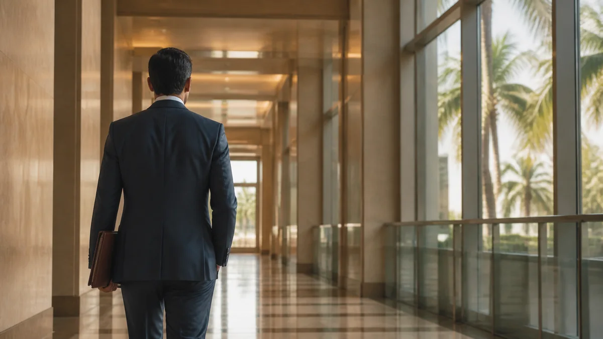 Attorney carrying a legal portfolio through a South Florida courthouse corridor