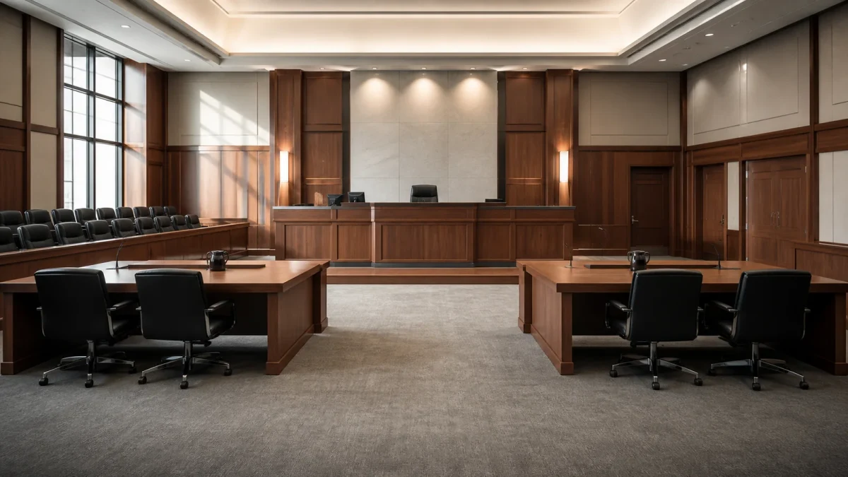 Serious criminal courtroom prepared for a Fort Lauderdale homicide case
