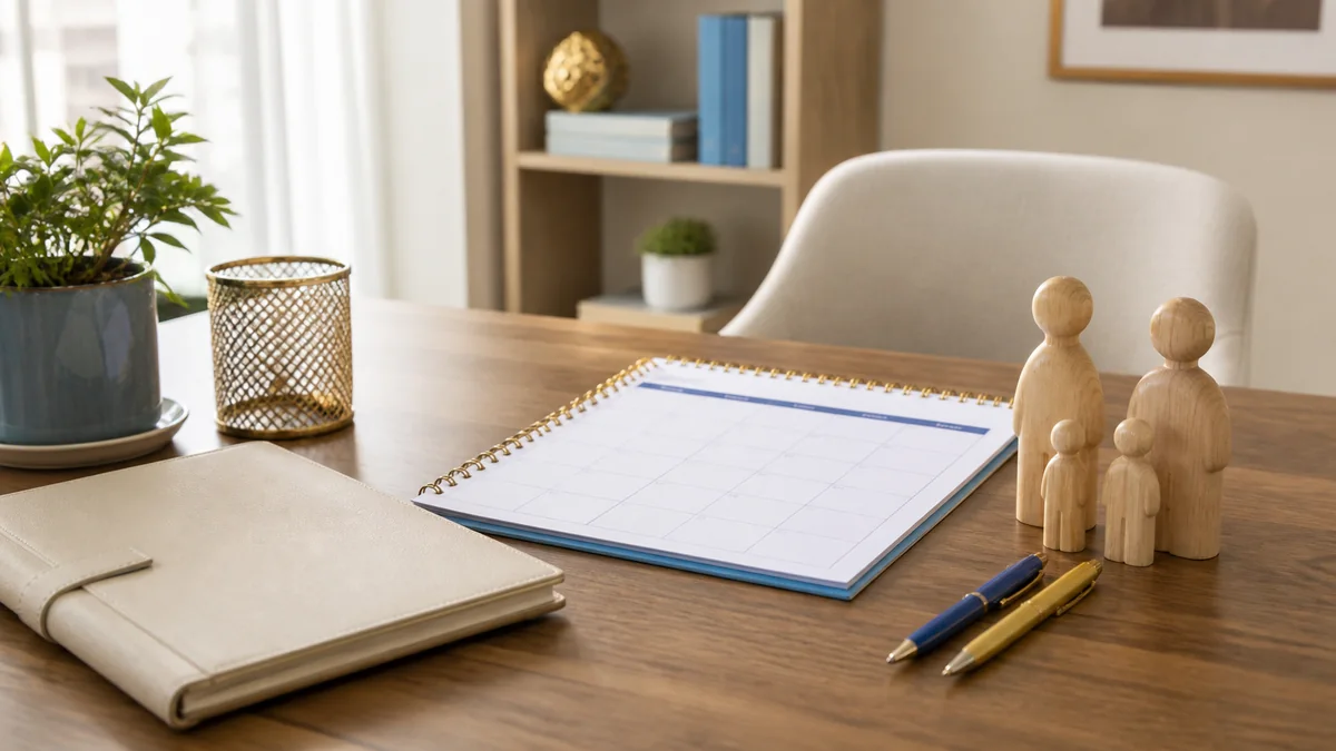Blank family calendar and figures representing a Broward County parenting plan