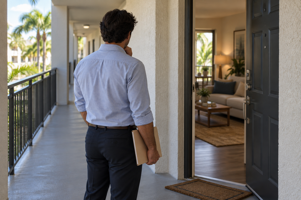 Person standing near an apartment doorway with a folder