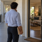Person standing near an apartment doorway with a folder