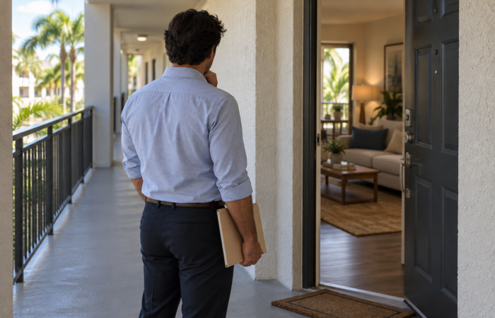 Constructive Possession Questions in Florida Drug Cases Person standing near an apartment doorway with a folder