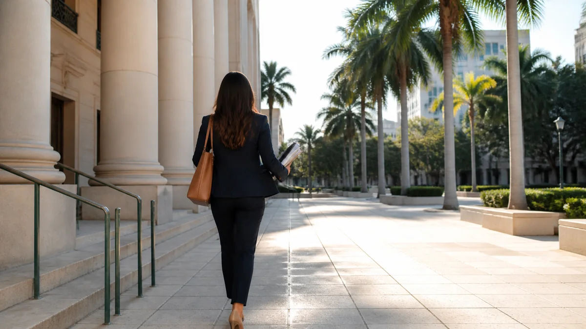 Professional leaving a South Florida courthouse after discussing a criminal case