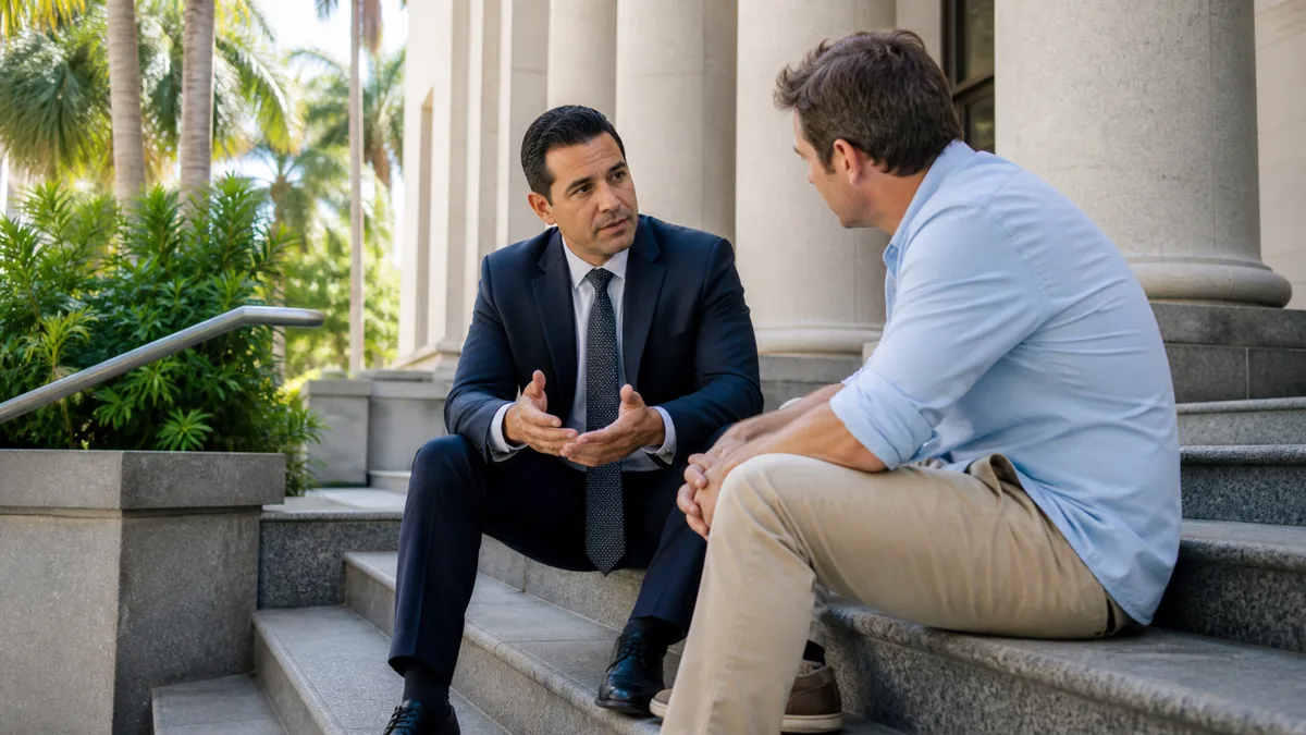 Fort Lauderdale Criminal Defense Consultation Adult client speaking with a criminal defense attorney outside a Fort Lauderdale courthouse