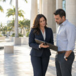 Attorney and adult client reviewing case information outside a South Florida courthouse