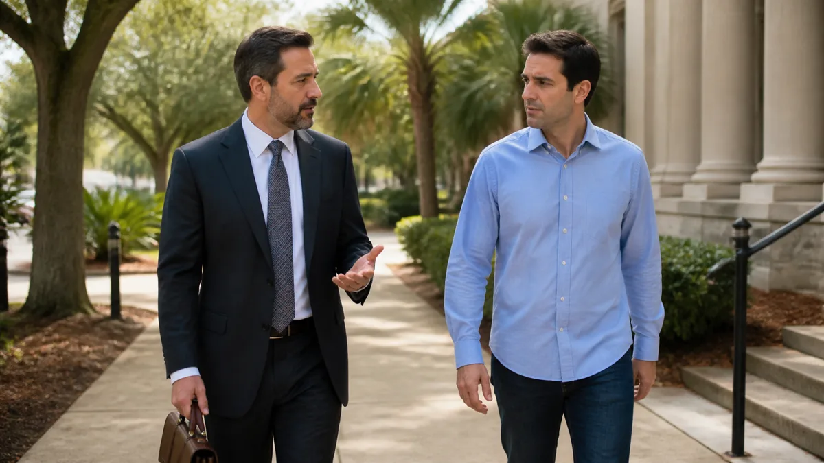 Criminal defense attorney walking with a client near a Davie courthouse