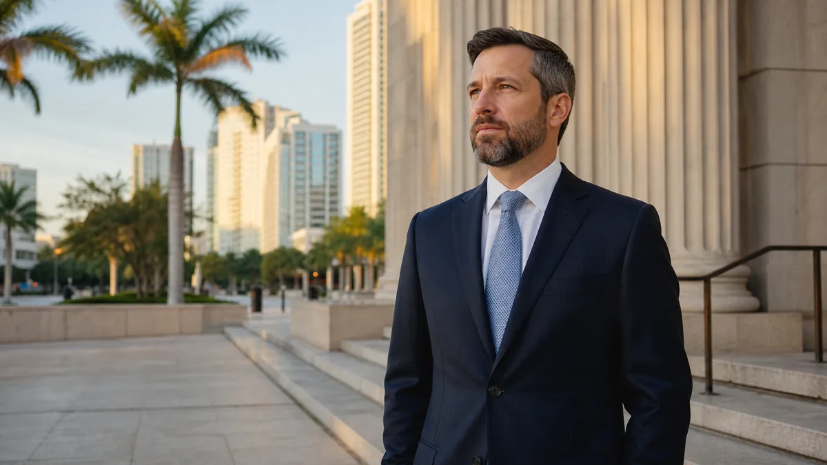 Criminal defense lawyer walking toward a Fort Lauderdale courthouse