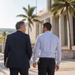 Criminal defense attorney and adult client walking toward a Hollywood courthouse