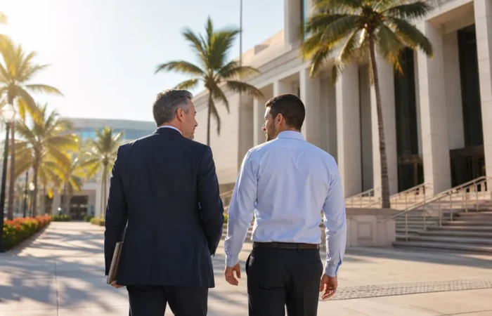 Criminal Defense Lawyer Hollywood Criminal defense attorney and adult client walking toward a Hollywood courthouse