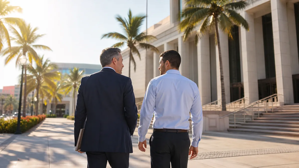 Criminal defense attorney and adult client walking toward a Hollywood courthouse