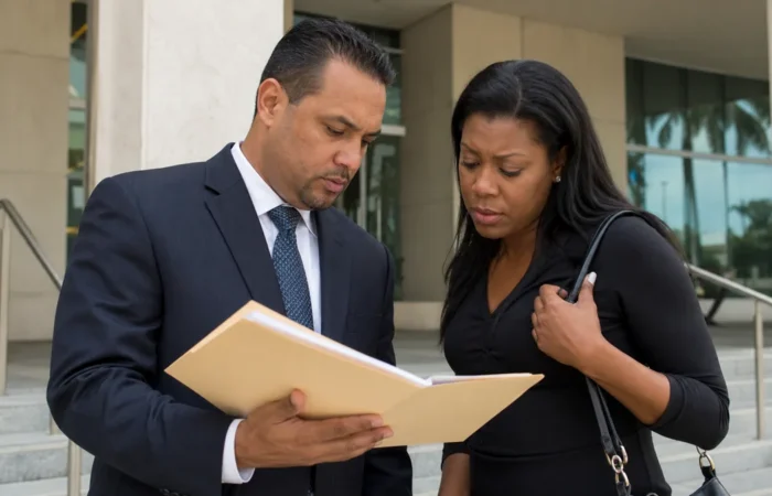 Criminal Defense Lawyer Lauderhill Criminal defense attorney meeting an adult client outside a Lauderhill courthouse