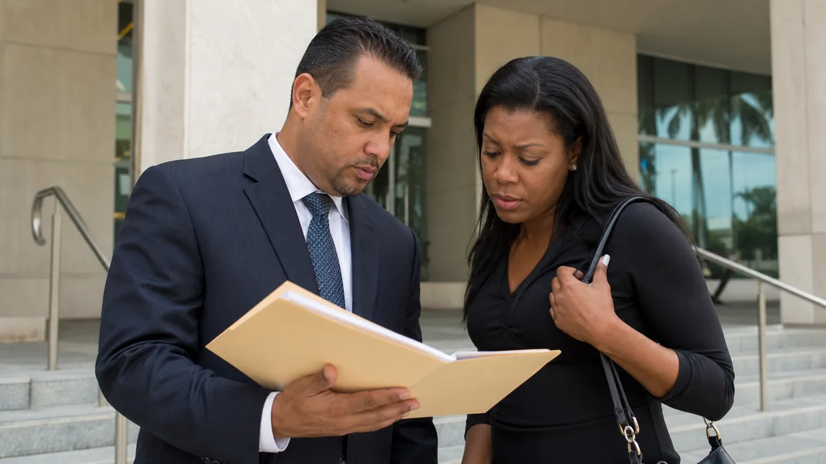 Criminal defense attorney meeting an adult client outside a Lauderhill courthouse