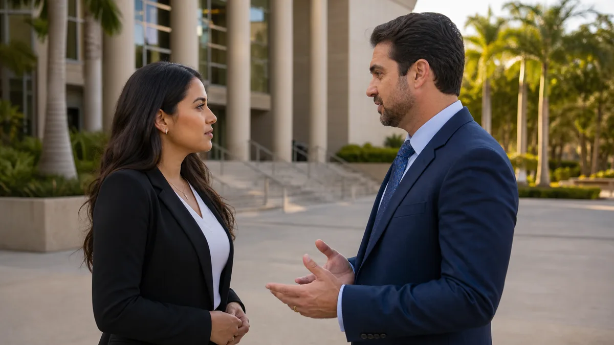 Criminal defense attorney meeting an adult client outside a Weston courthouse