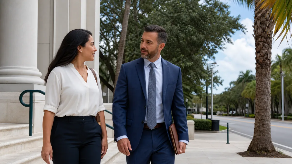 Davie DUI Defense Consultation Adult client speaking with a DUI defense attorney near a Davie courthouse