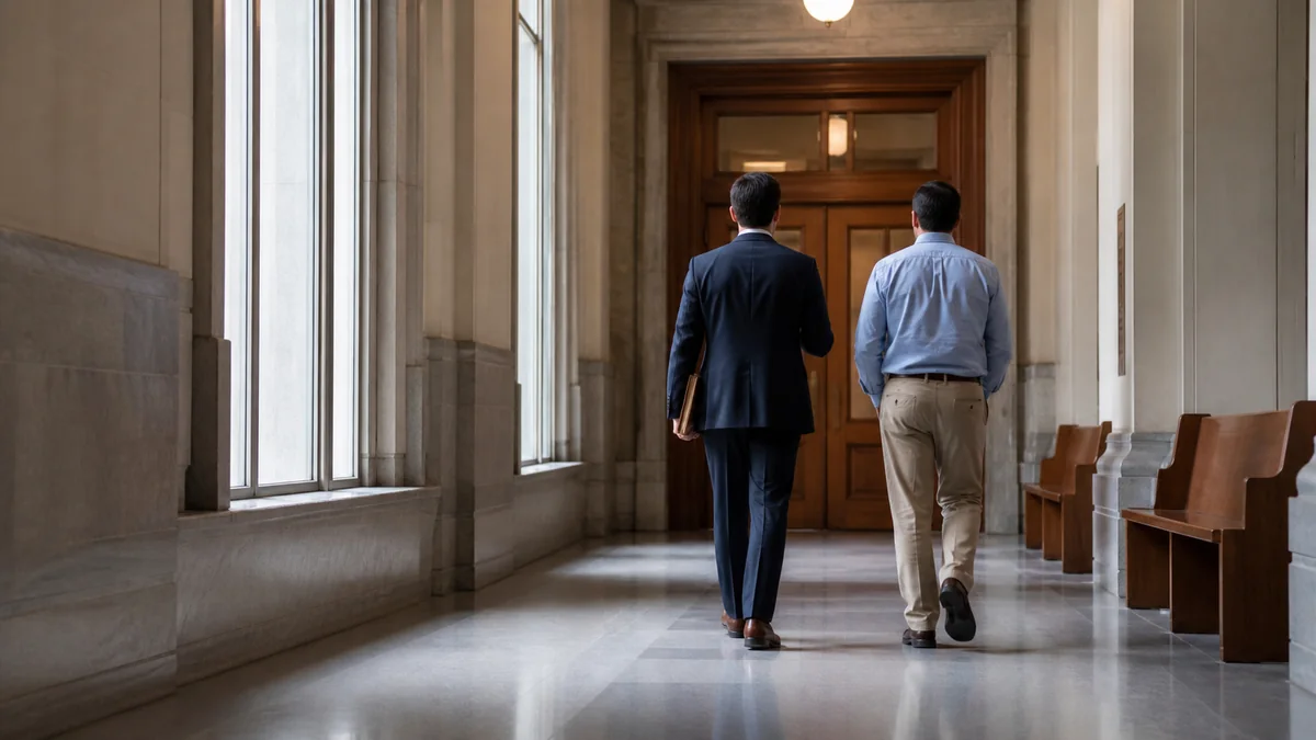 Attorney and client walking through a courthouse hallway for an injunction hearing