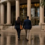 Attorney and client walking toward a South Florida courthouse after a domestic violence injunction notice