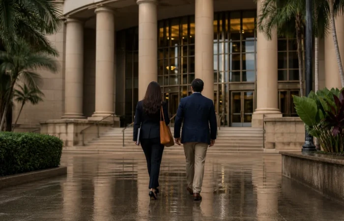 Attorney and client walking toward a South Florida courthouse after a domestic violence injunction notice