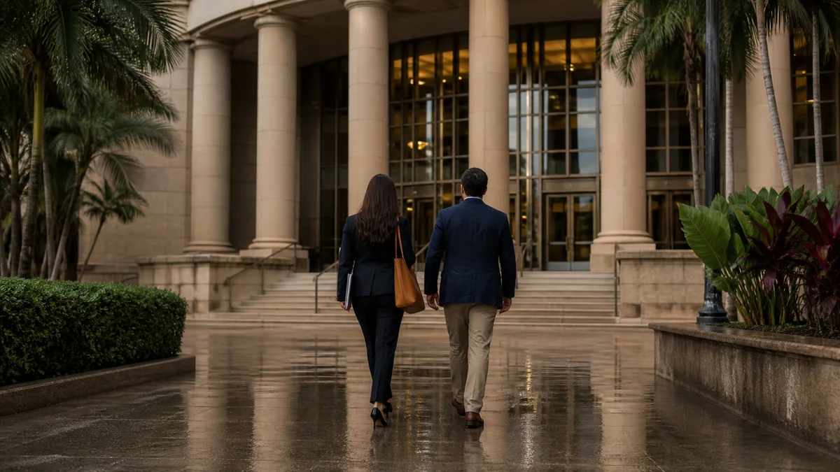 Attorney and client walking toward a South Florida courthouse after a domestic violence injunction notice
