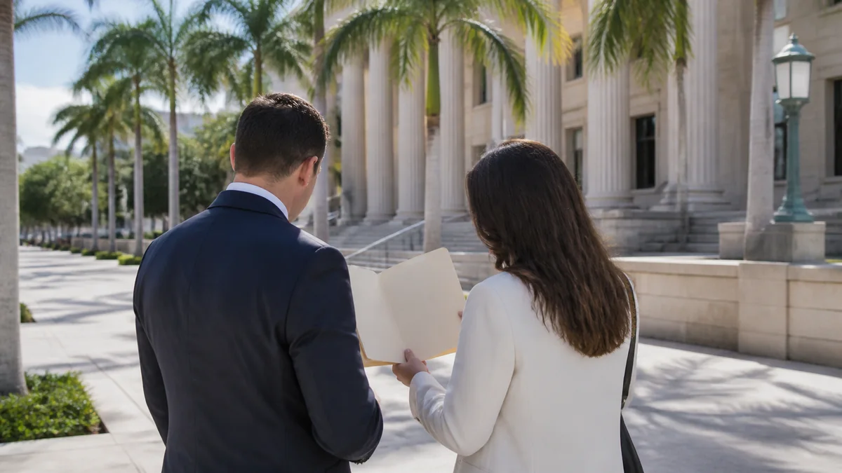 Attorney and client reviewing an injunction notice outside a Florida courthouse