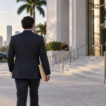 Person walking toward a South Florida civic building with a folder