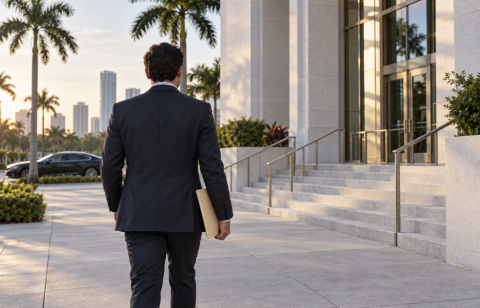 Preparing for a DUI First Court Date in Florida Person walking toward a South Florida civic building with a folder