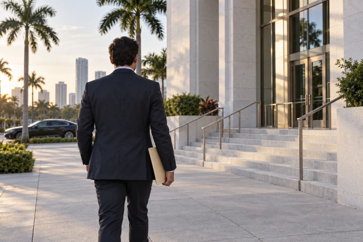 Person walking toward a South Florida civic building with a folder