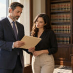 Attorney and adult client reviewing a criminal-record matter in a South Florida law office