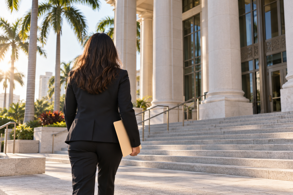 Person approaching a South Florida courthouse with legal documents