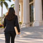 Person approaching a South Florida courthouse with legal documents