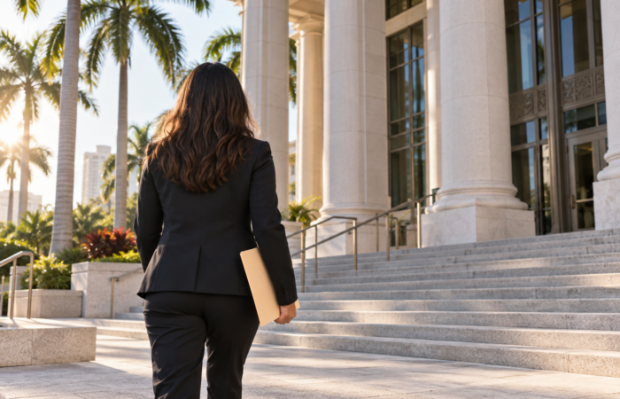 Florida Certificate of Eligibility for Sealing or Expungement Person approaching a South Florida courthouse with legal documents