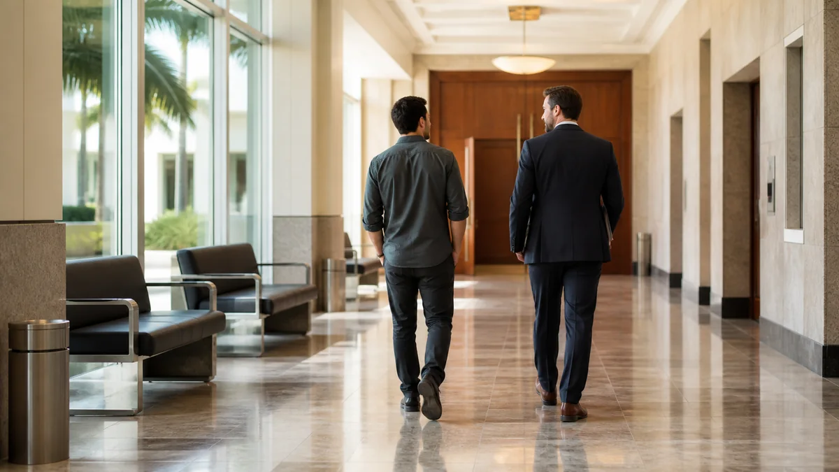 Florida Criminal Court Preparation Criminal defense attorney and adult client walking through a Florida courthouse