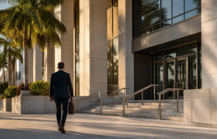 Florida Felony and Misdemeanor Courthouse Attorney walking toward a South Florida courthouse for a felony or misdemeanor case
