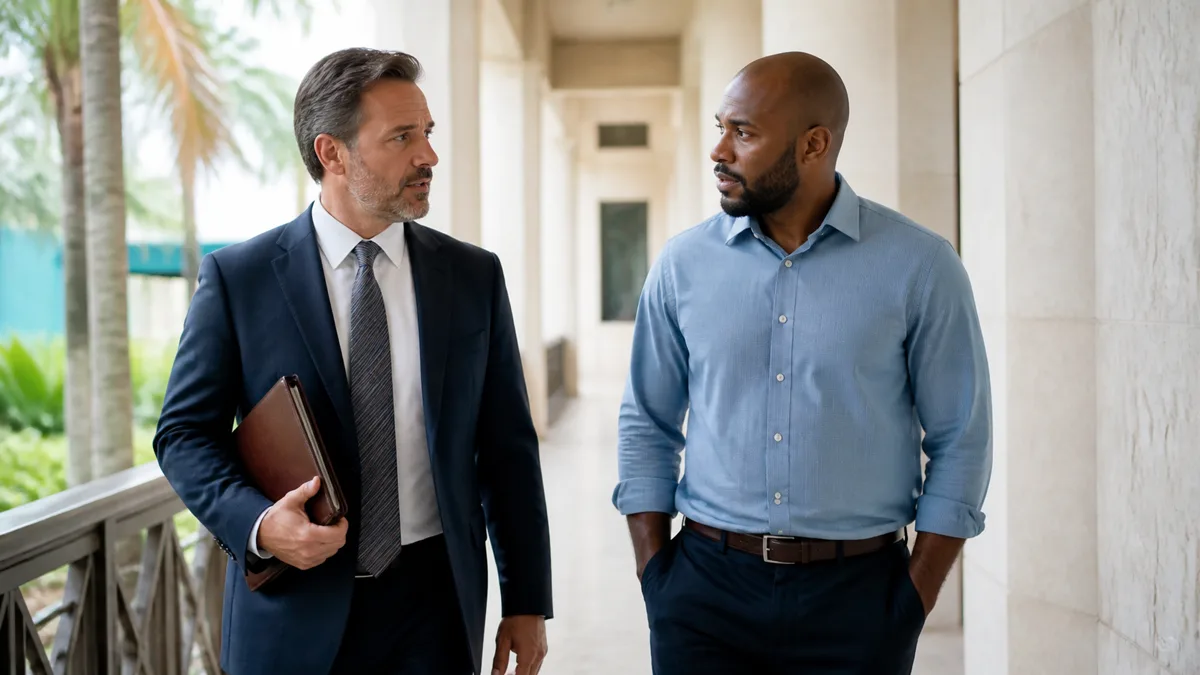 Hollywood Court Preparation Criminal defense attorney walking with an adult client through a Hollywood courthouse