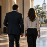 Anonymous attorney and client walking in a Florida courthouse corridor