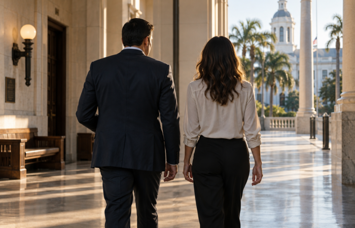 Assault and Battery Defense Review Anonymous attorney and client walking in a Florida courthouse corridor