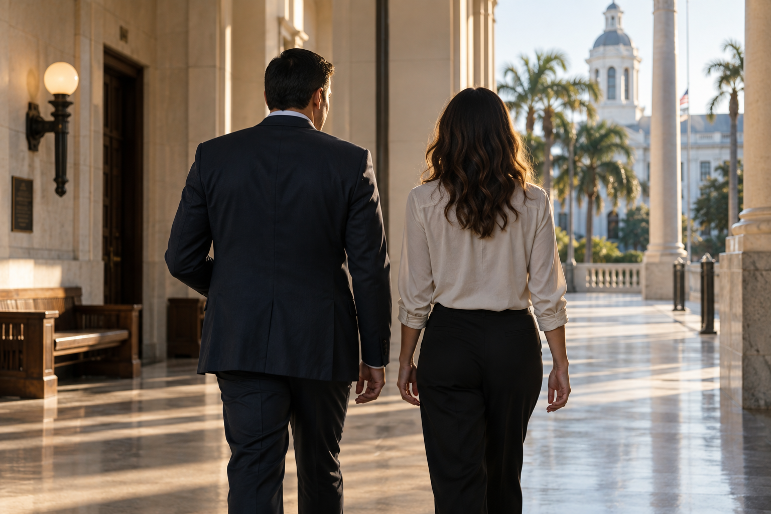 Anonymous attorney and client walking in a Florida courthouse corridor