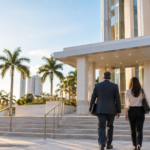 Broward Bond Hearing Preparation Anonymous attorney and client approaching a modern Broward courthouse for a bond hearing