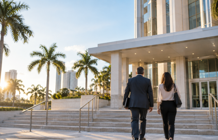 Broward Bond Hearing Preparation Anonymous attorney and client approaching a modern Broward courthouse for a bond hearing