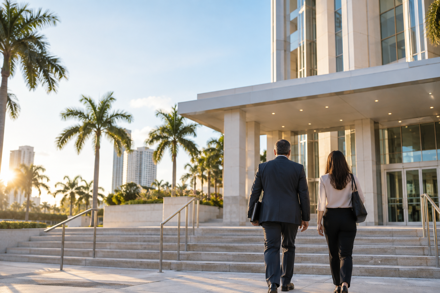 Anonymous attorney and client approaching a modern Broward courthouse for a bond hearing